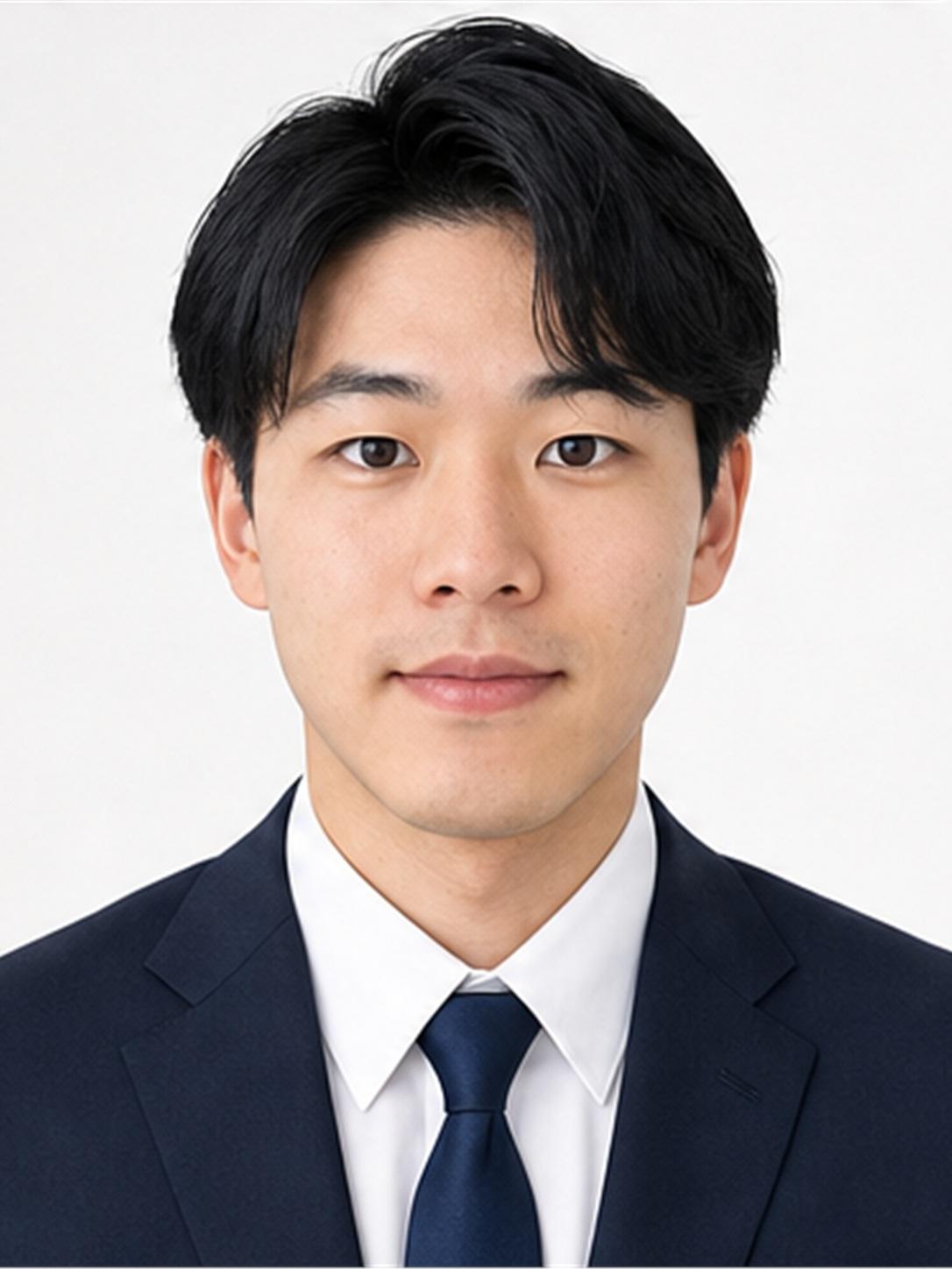 Professional resume photo of the same Japanese man in a navy suit