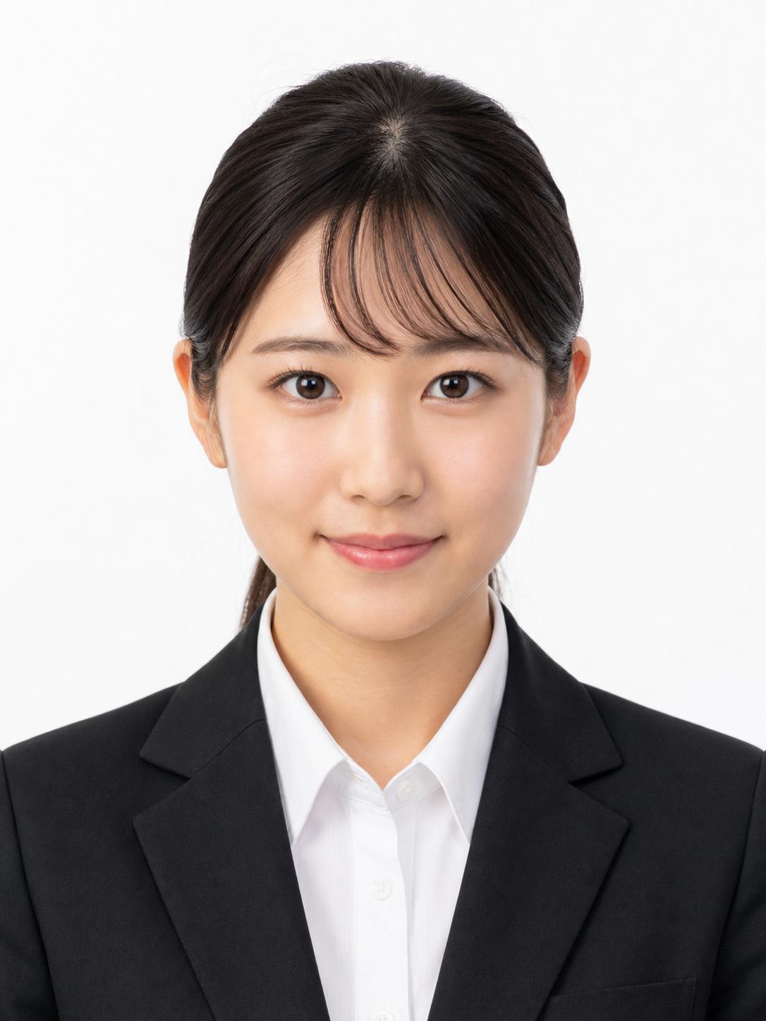 Japanese woman in a black suit on a white background